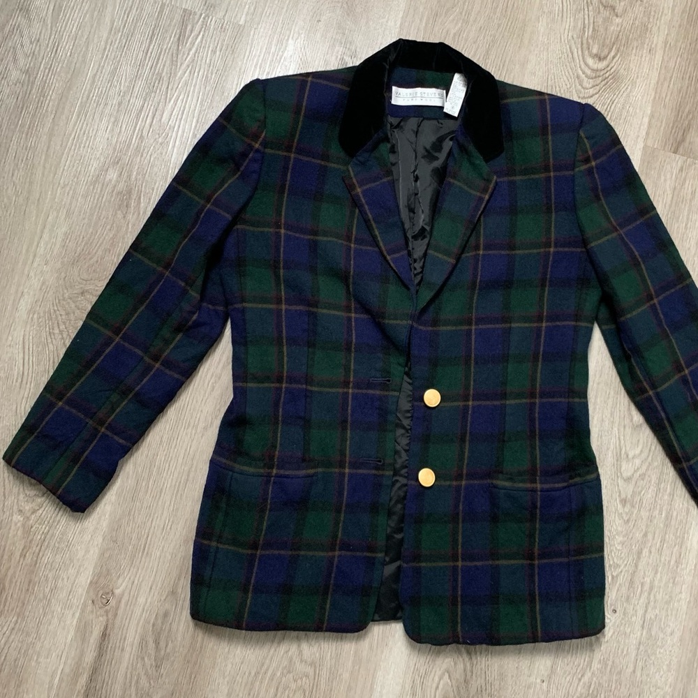 Valerie Stevens Pure Wool Blazer Green & Blue Plaid Black Velvet Trim